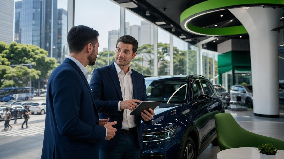 Vendedor e cliente negociando financiamento por WhatsApp sobre um carro em São Paulo