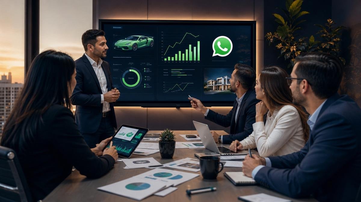 Atendimento comercial via WhatsApp para casal interessado em imóvel e carro, equipe monitorando conversas em São Paulo