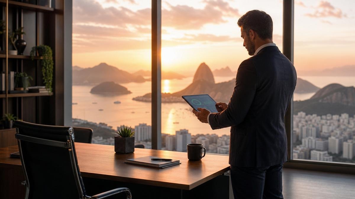 Smartphone com conversa de WhatsApp e mapa do Rio de Janeiro ao fundo representando aumento de leads durante as férias