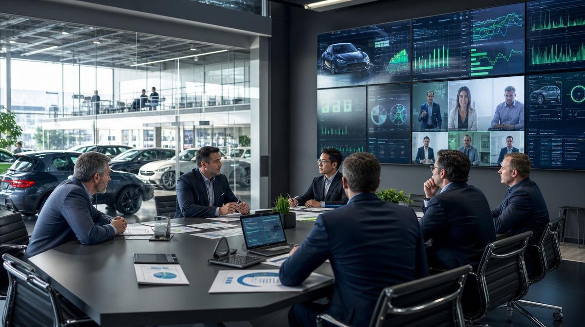Equipe de concessionária atendendo clientes via WhatsApp com painel de gestão e gráficos de performance e conversão ao fundo