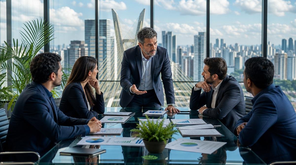 Corretores em evento em São Paulo discutindo follow-up via WhatsApp com a metodologia ODISSEIA